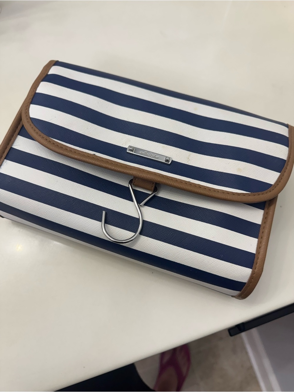 Stella & Dot Navy and White Striped Hanging Cosmetic Case with Brown Trim